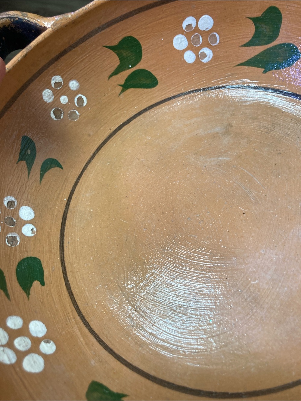 Hand Crafted Terracotta Serving Bowl with Green and White Floral Motif - Picture 3 of 8